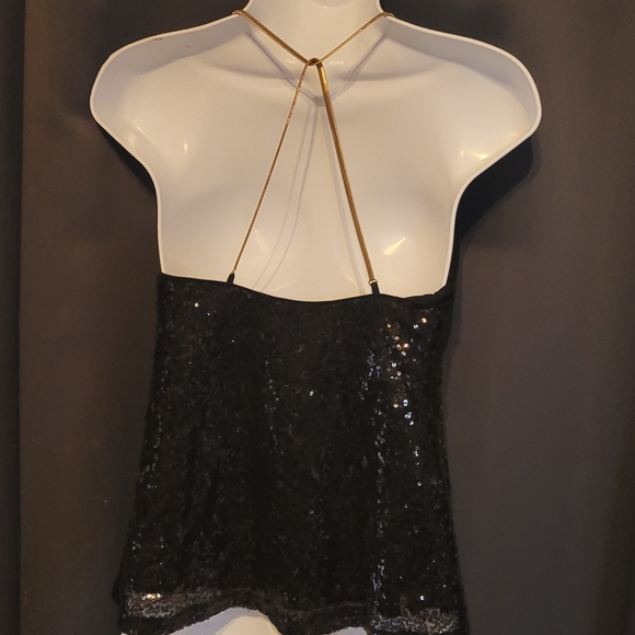 Black and Gold Chain Sequin Halter Top Sparkly Sequin Top - Picture 6 of 14